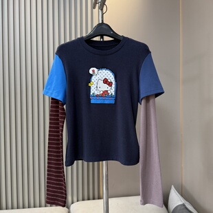 T恤女时髦上衣 趣味Kitty猫咪撞色拼接假两件长袖 欧货早春新款 时尚