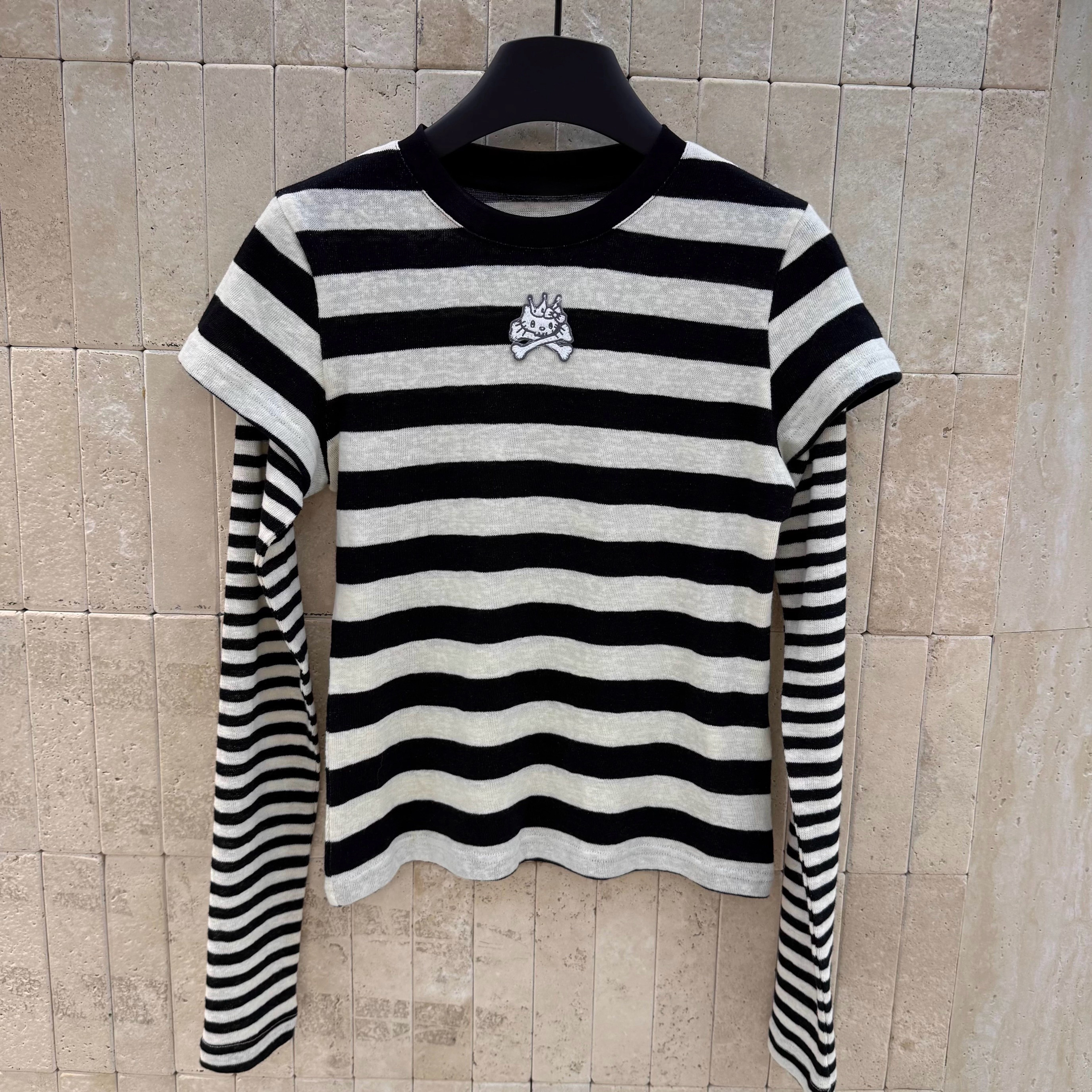 欧货新款趣味可爱骷髅猫咪黑白条纹修身T恤女拼接假两件长袖上衣