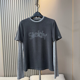 欧货2026早春新款时尚圆领拼色印花字母磨绒假两件T恤长袖上衣女