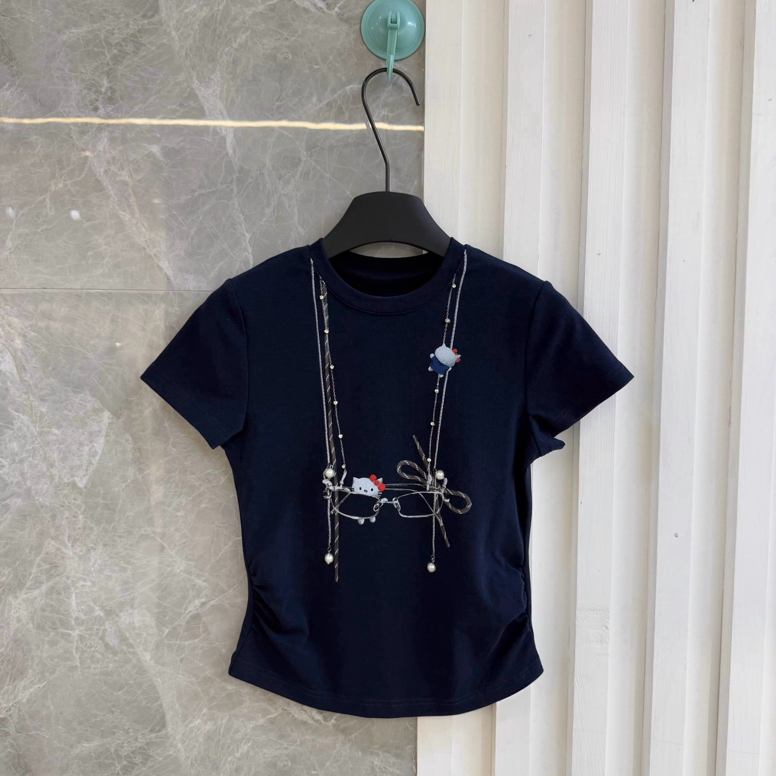 欧货2026夏季新款时尚设计感链条印花趣味猫咪短袖T恤女半袖上衣