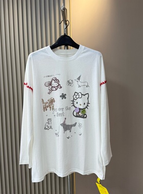 欧货2026春夏新款圆领卡通印花kitty猫咪长袖T恤女薄款宽松上衣