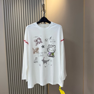 欧货2026春夏新款圆领卡通印花kitty猫咪长袖T恤女薄款宽松上衣