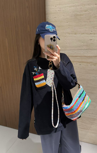 欧货2025秋季新款时尚圆领刺绣唐老鸭长袖T恤女减龄宽松印花上衣