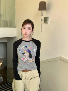 特价清仓 只有几件 拼色卡通插肩袖显瘦T恤女洋气长袖打底衫