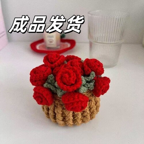 成品手工钩织玫瑰花束隔热杯垫