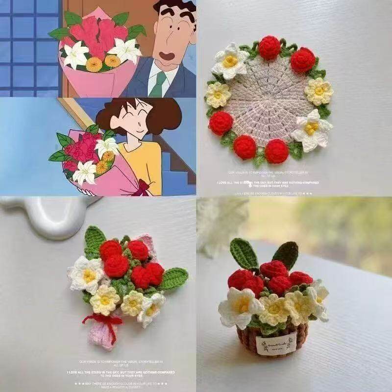 成品纯手工毛线钩织玫瑰花束杯垫隔热桌面摆件创意钩织节日礼品