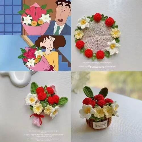 成品手工钩织玫瑰花束隔热杯垫