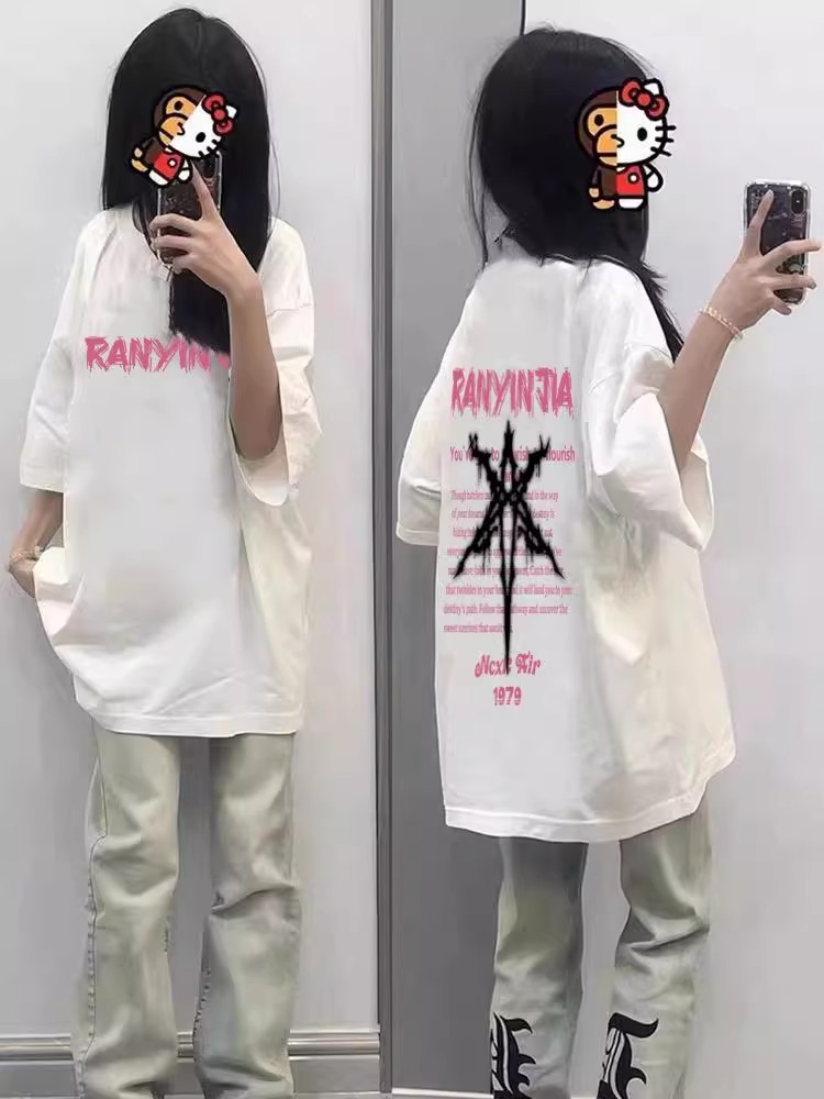 夏季新款美式纯棉短袖T恤女士潮牌ins港风情侣高街宽松简约体恤衫
