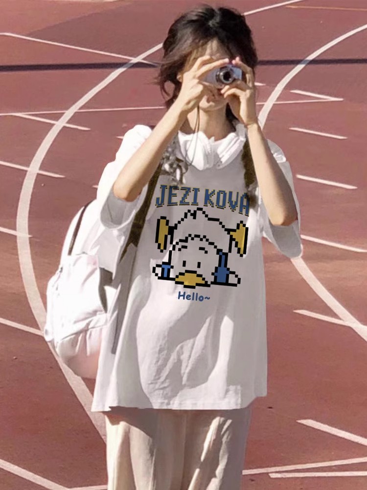 纯棉白色短袖T恤女夏宽松韩版学生卡通动漫图案印花百搭上衣体恤