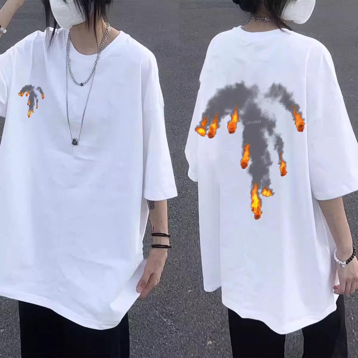 100%纯棉宽松短袖T恤女男2024年夏季美式慵懒风港味火焰ins体恤女
