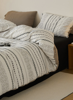 全棉特种彩纱针刺子提花四件套  花式纱提花全棉人字纹小提花床品