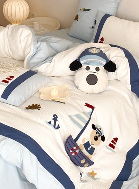 卡通可爱男孩全棉华夫格三四件套纯棉床单卡通毛巾刺绣被套床品