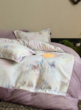 轻奢风软糯感数码印花拼角牛奶绒四件套全消光高克重温暖床单被套