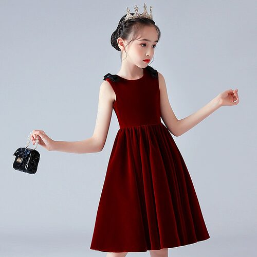 酒红色儿童演出服六一儿童舞台表演大合唱团服小女孩钢琴演奏