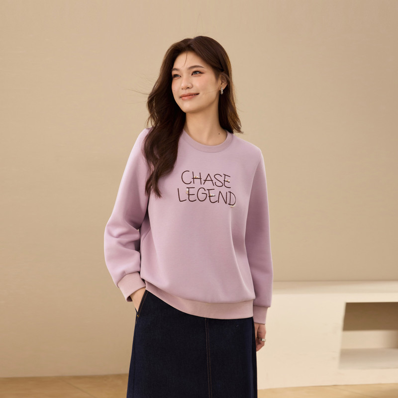 【时髦绣花图案圆领卫衣】纤莉秀大码女装慵懒百搭上衣胖mm秋新款