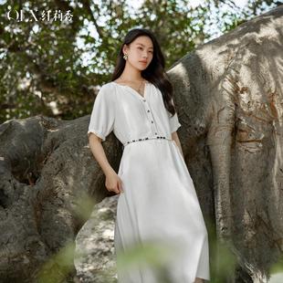 女裝 纖莉秀大碼 胖mm夏裝 度假風(fēng)小V領(lǐng)系帶收腰顯瘦連衣裙 新款