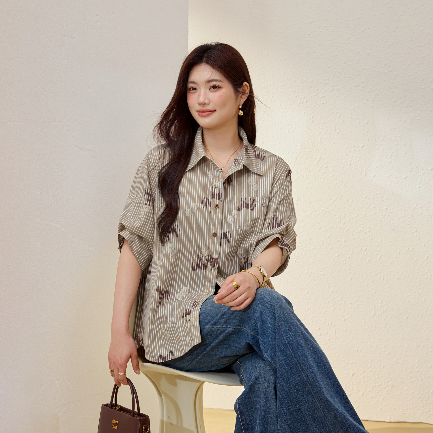 【透气亚麻竖条纹衬衫】纤莉秀大码女装薄款复古上衣胖mm夏装新款