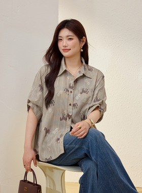 【透气亚麻竖条纹衬衫】纤莉秀大码女装薄款复古上衣胖mm夏装新款