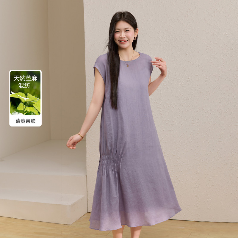 【100苎麻】飞机袖透气肌理感连衣裙纤莉秀大码女装胖mm夏装新款