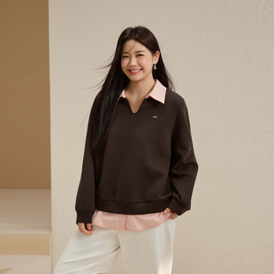 减龄百搭上衣胖mm秋装 女装 纤莉秀大码 新款 假两件撞色翻领卫衣