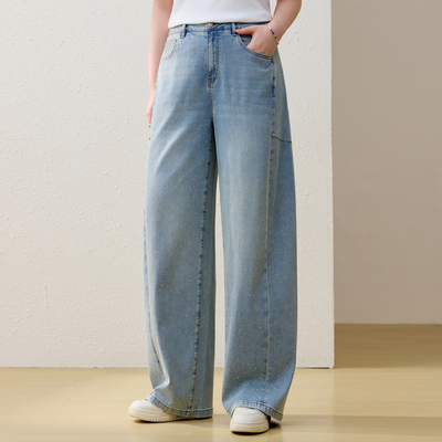 【星星弯刀裤】垂感烫钻设计牛仔裤纤莉秀大码女装胖mm2026夏新款