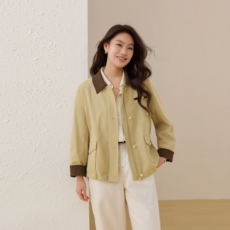 【花苞夹克】撞色翻领巴恩风外套纤莉秀大码女装胖mm2026春装新款