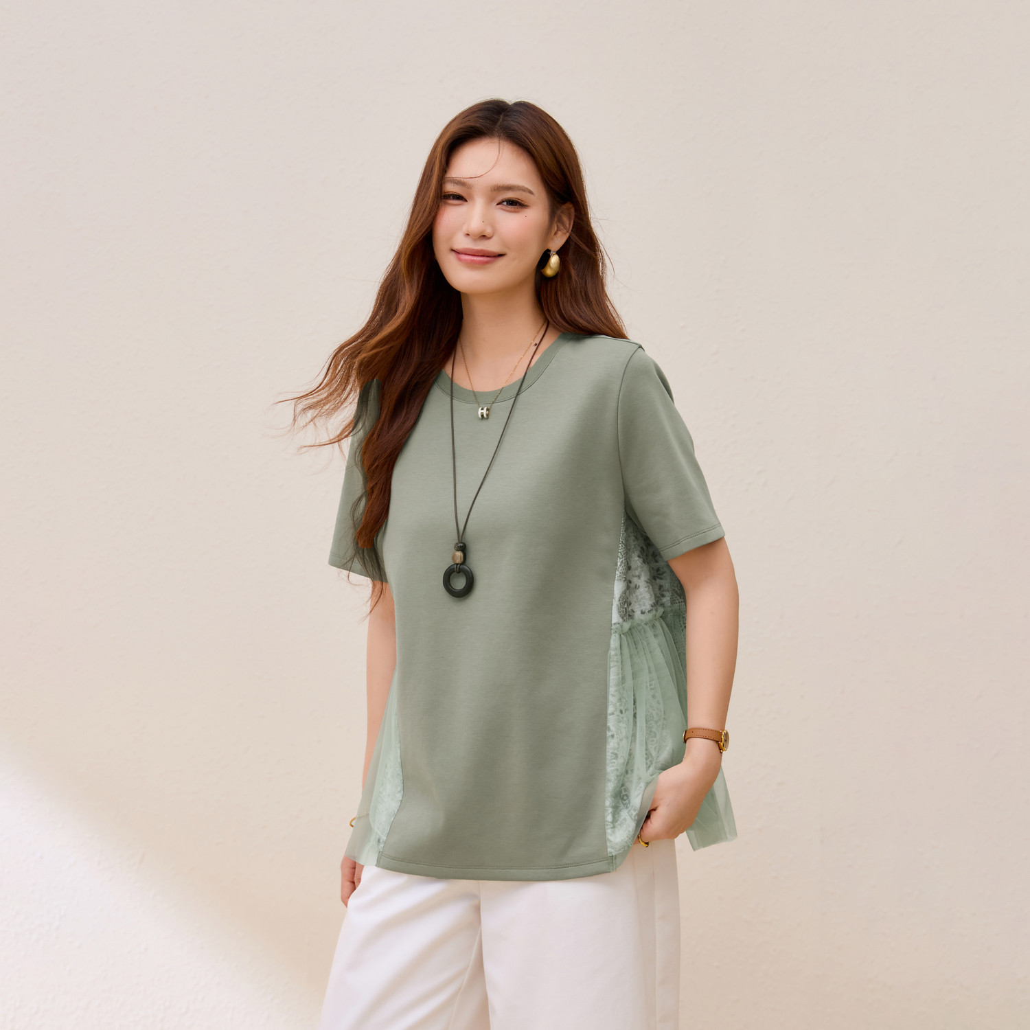 【花叙】假两件蕾丝网纱拼接印花T恤纤莉秀大码女装胖mm夏季新款