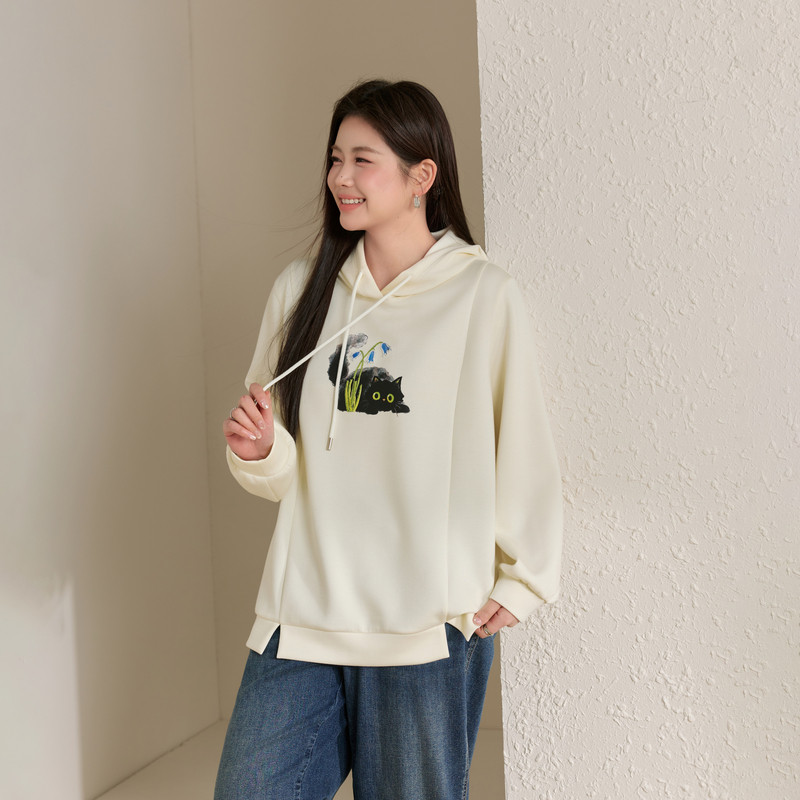 【减龄猫咪图案卫衣】纤莉秀大码女装连帽百搭上衣胖mm2026春新款