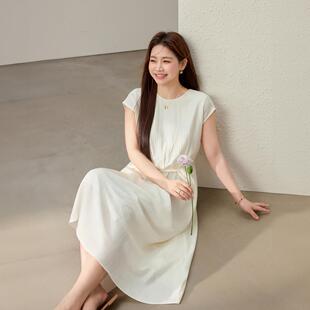 胖mm夏装 女装 条纹压褶设计度假连衣裙纤莉秀大码 新款 风絮低语