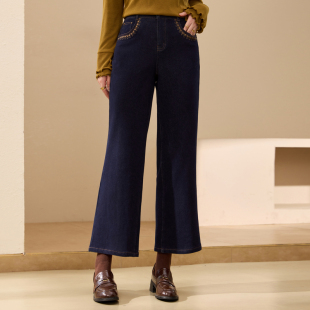 【抓毛微喇裤】刺绣设计感深蓝色牛仔裤纤莉秀大码女装胖mm冬新款