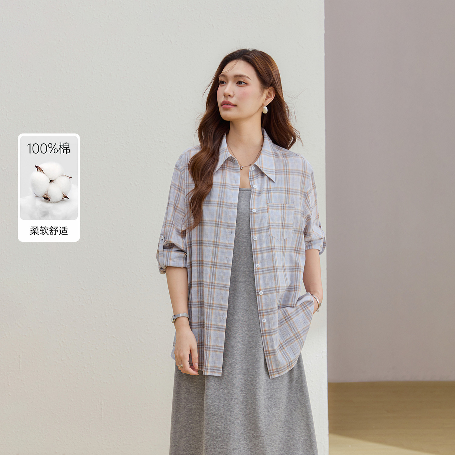 【100棉】宽松慵懒风薄款透气格子衬衫纤莉秀大码女装胖mm夏新款