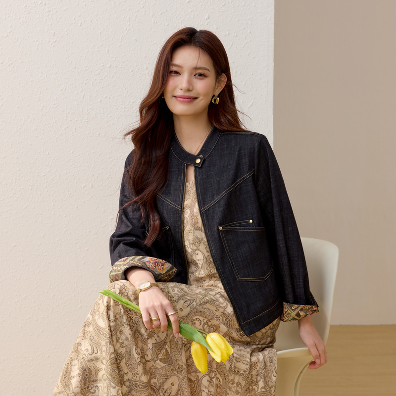 【复古印花拼接外套】纤莉秀大码女装设计感立领开衫胖mm春装新款