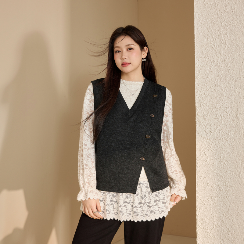 【白昼】雪尼尔抓毛蕾丝衫V领马甲套装纤莉秀大码女装胖mm冬新款