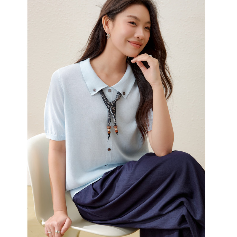 【丝巾领针织衫】纤莉秀大码女装优雅气质百搭上衣胖mm2026夏新款