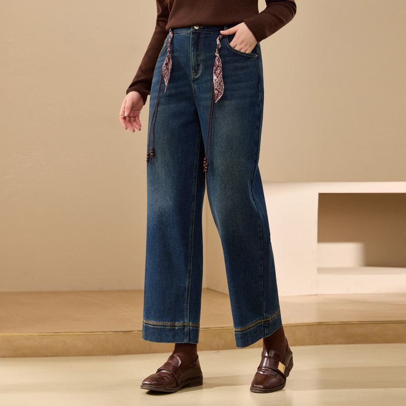 【植绒牛仔裤】纤莉秀大码女装设计感丝巾腰带直筒裤胖mm冬装新款