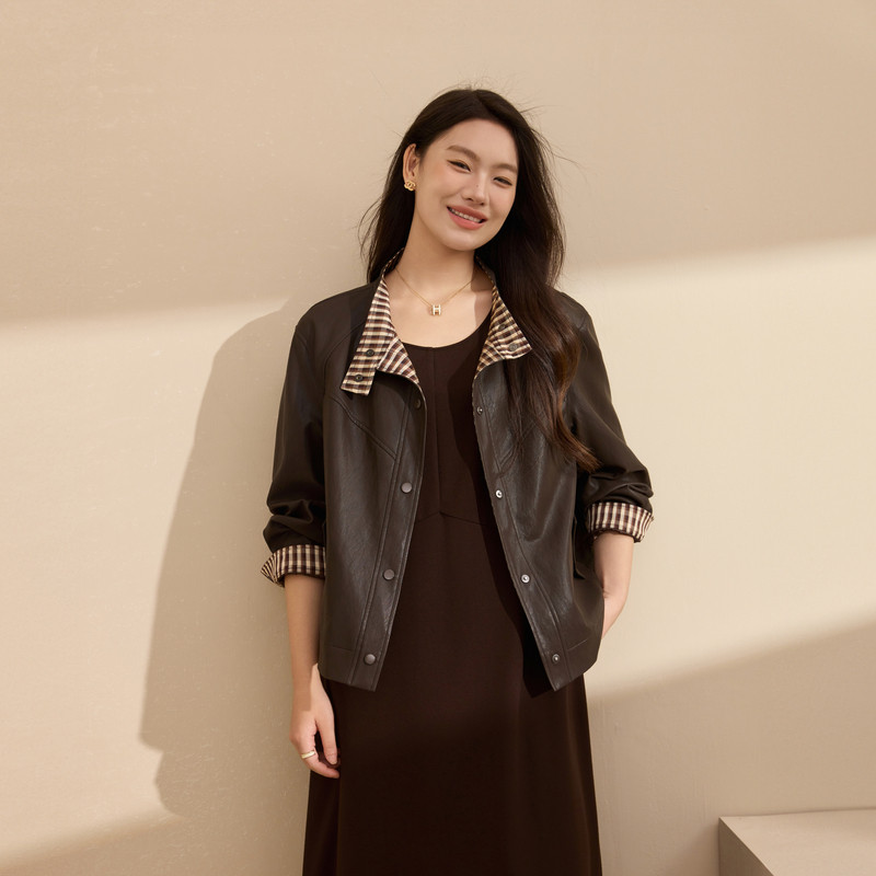 【机车格调】哑光感格纹内里皮衣外套纤莉秀大码女装胖mm秋装新款
