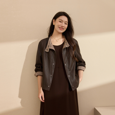 【机车格调】哑光感格纹内里皮衣外套纤莉秀大码女装胖mm秋装新款