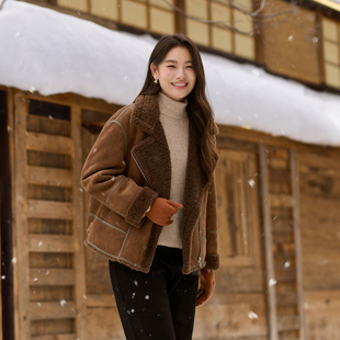 胖mm2025冬装 女装 纤莉秀大码 新款 加绒加厚皮毛一体麂皮绒外套