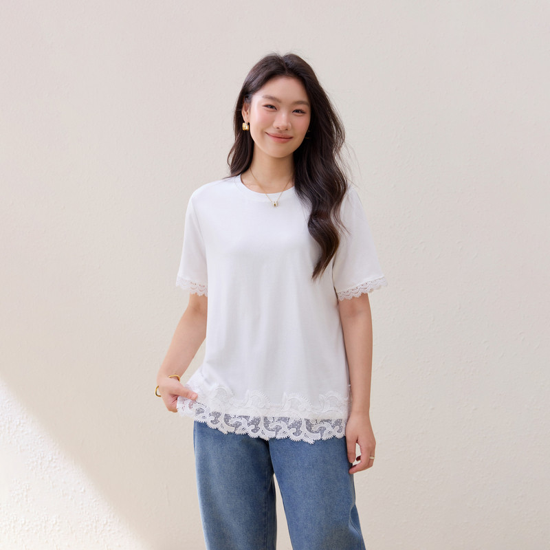 【花边拼接圆领T恤】纤莉秀大码女装优雅洋气上衣胖mm2026夏新款