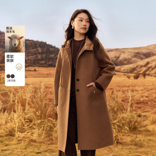 【琥珀】100绵羊毛连帽毛呢中长款外套纤莉秀大码女装胖mm冬新款