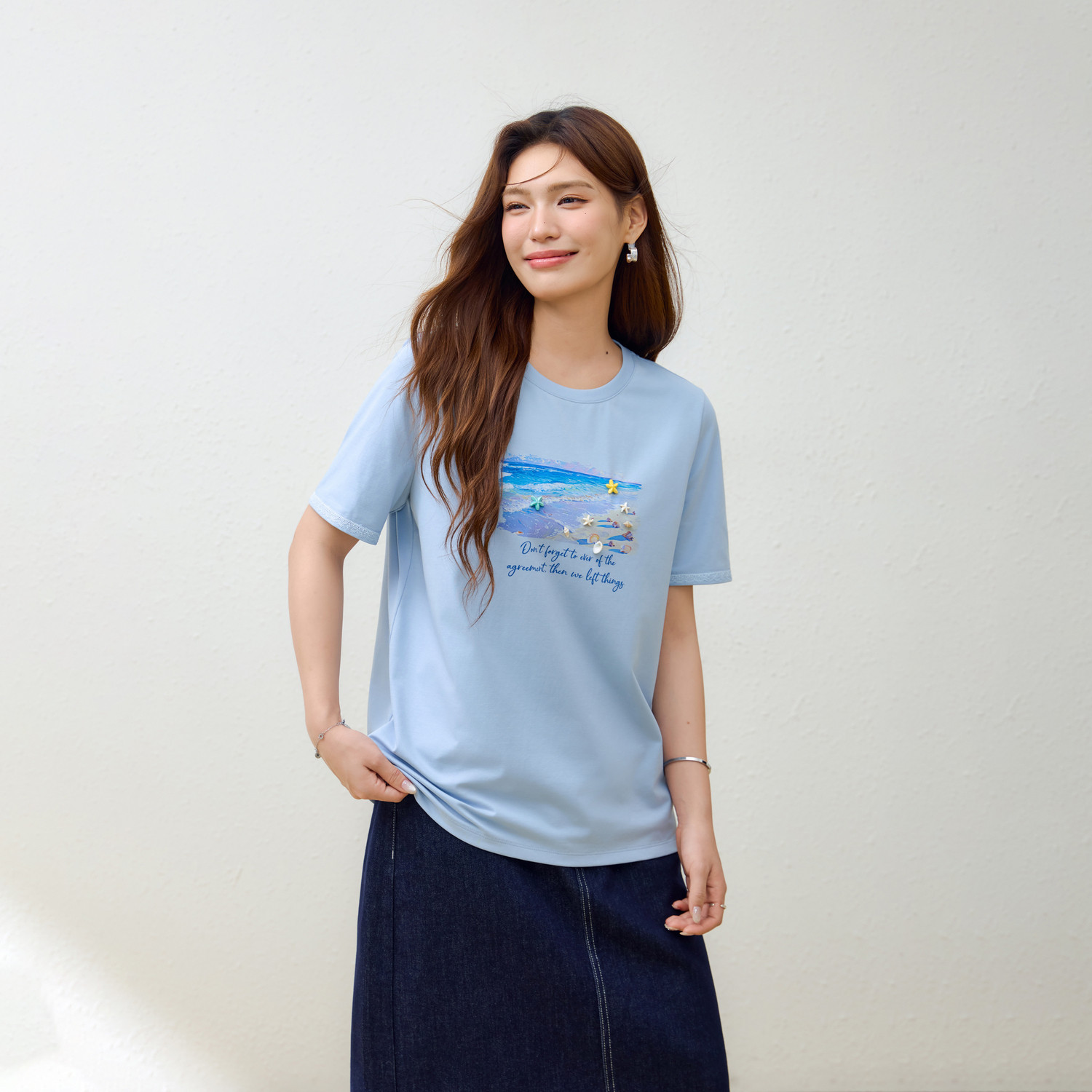 【小清新T恤】纤莉秀大码女装简约海洋风减龄上衣胖mm2026夏新款