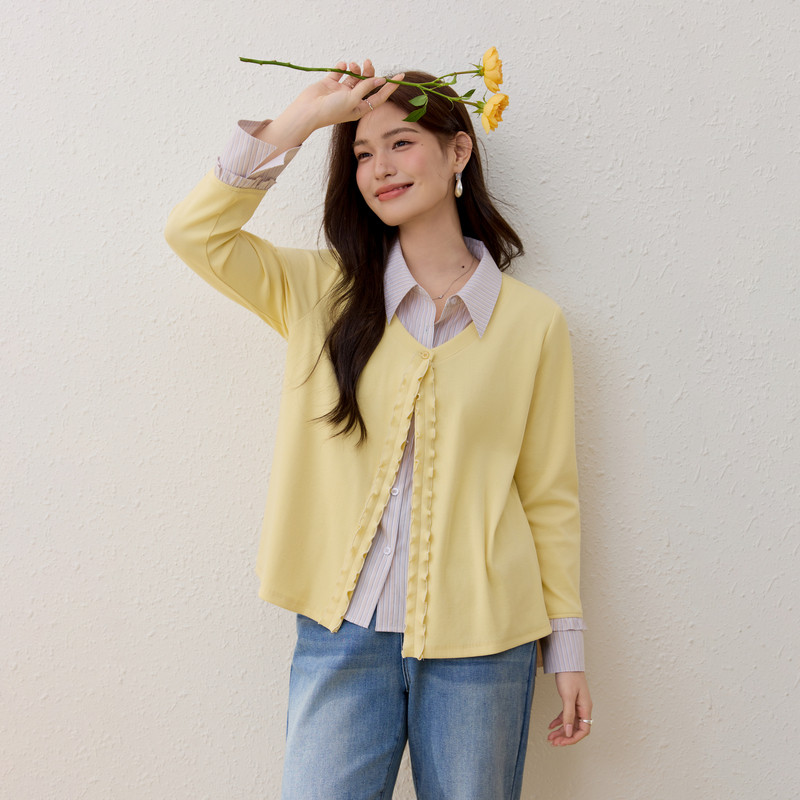 【假两件翻领针织衫】纤莉秀大码女装设计感气质上衣胖mm春装新款