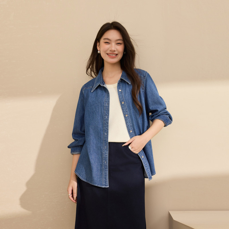 【复古深色牛仔衬衫】纤莉秀大码女装通勤百搭开衫胖mm2025秋新款