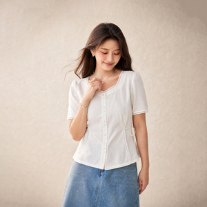 【遇见】法式蕾丝花边方领系带衬衫纤莉秀大码女装胖mm2026夏新款
