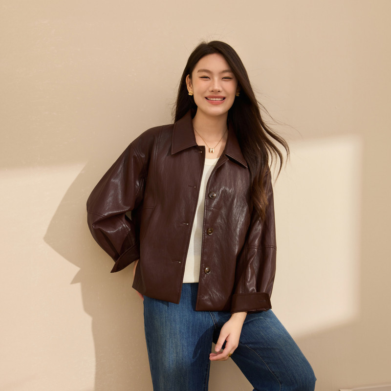 【复古PU皮翻领外套】纤莉秀大码女装时髦百搭夹克衫胖mm秋装新款