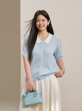 【初见】撞色娃娃领宽松减龄针织衫纤莉秀大码女装胖mm2026夏新款
