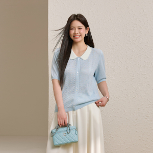 【初见】撞色娃娃领宽松减龄针织衫纤莉秀大码女装胖mm2026夏新款