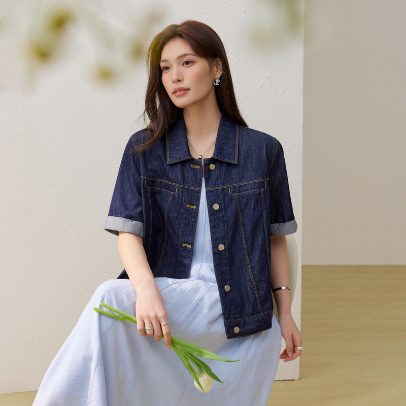 【百搭牛仔外套】纤莉秀大码女装复古深蓝色时髦开衫胖mm夏装新款