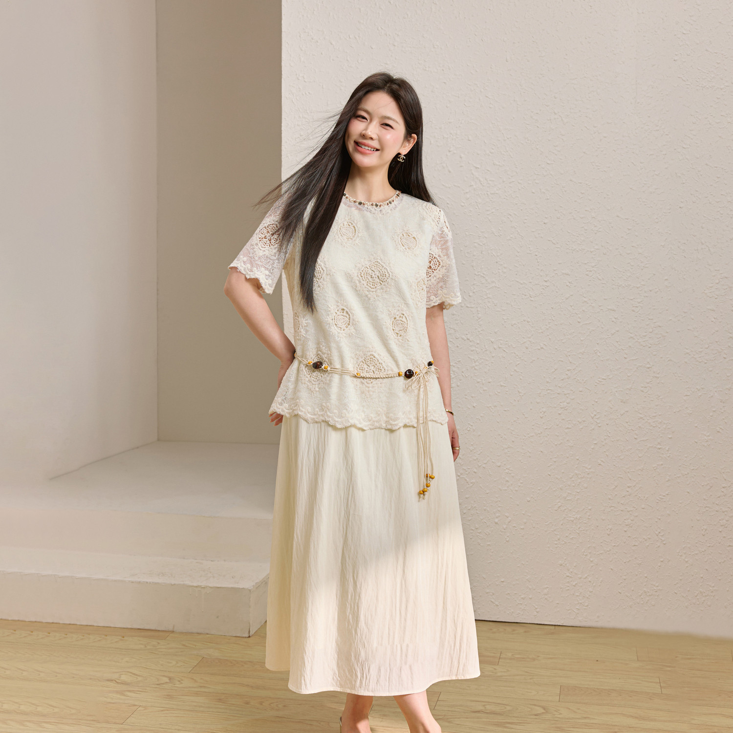 【绣影套装】纤莉秀大码女装优雅轻熟风温柔两件套胖mm2026夏新款