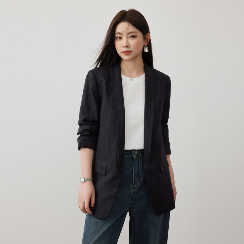 亚麻西装纤莉秀大码女装休闲宽松褶皱长袖气质西服胖mm2024夏新款